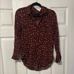 Maroon Button-Up Blouse with White Pattern